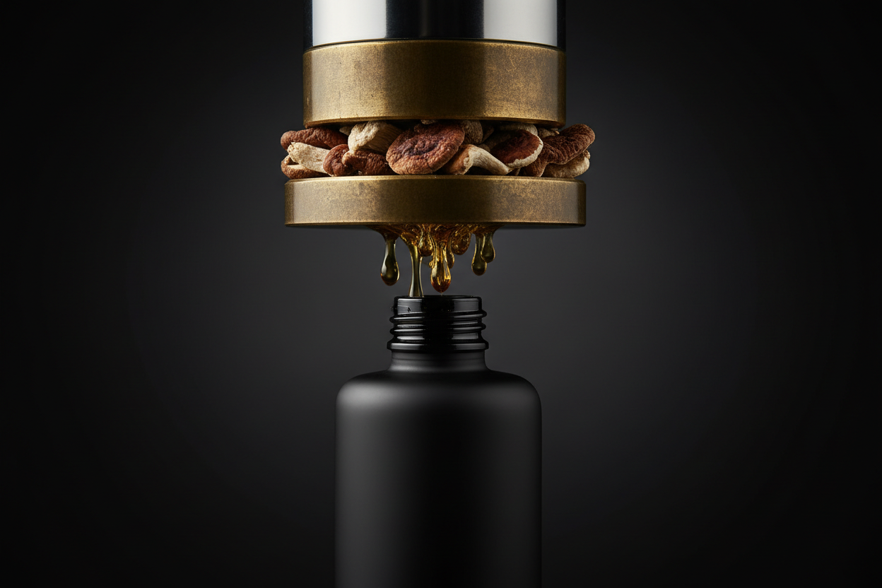 medicinal mushrooms being press so it looks like the extract is dropping down to the black, glass bottle. place it on the dark background. Dont use any text